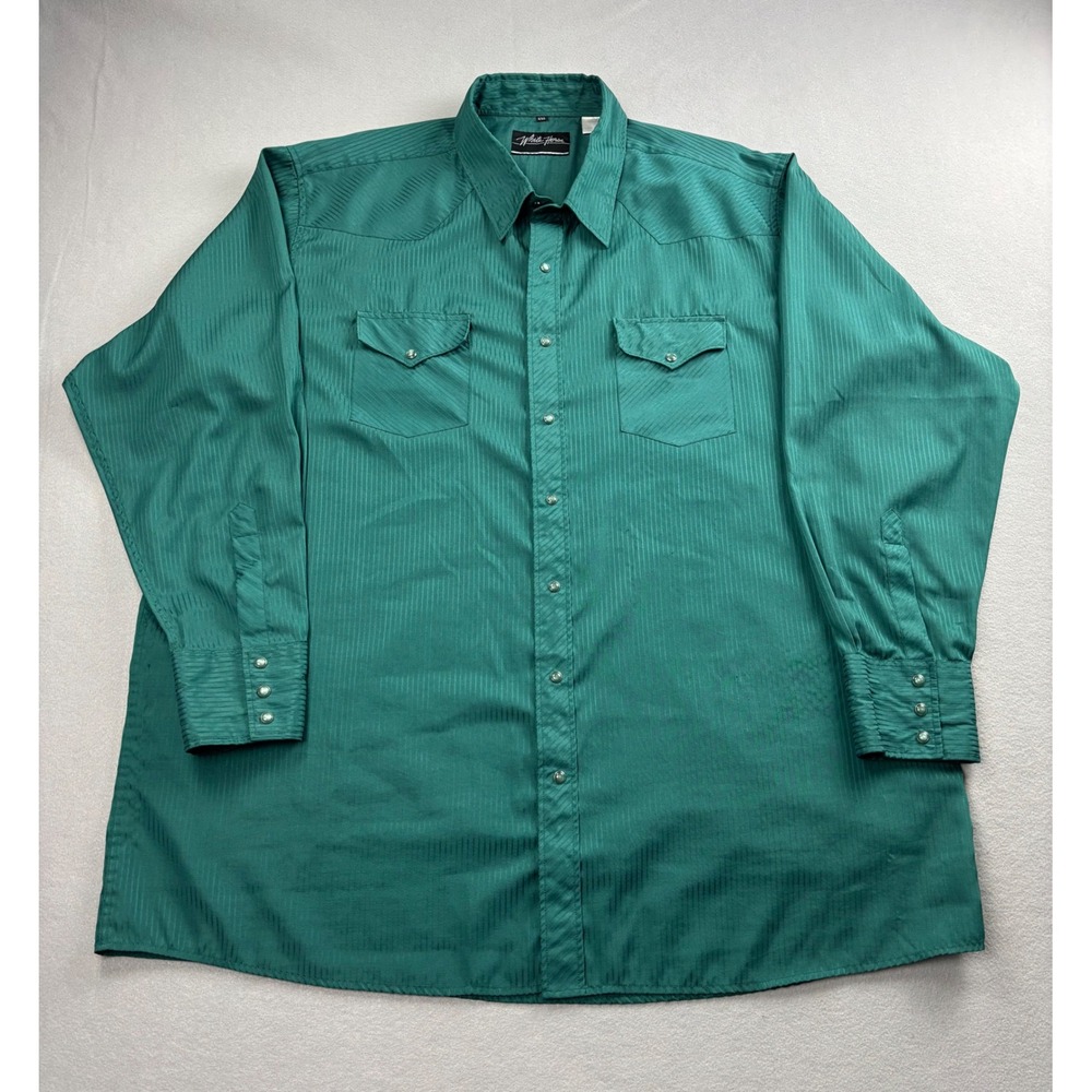 White Horse Men's XXL Green Shadow Stripe Pearl Snap Western Shirt Long Sleeve
